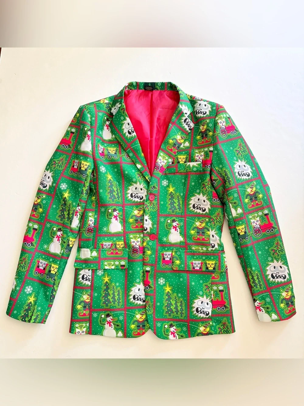 Ugly Christmas Green Blazer Jacket Snowman Yeti Elves Cats Holiday Time SZ S